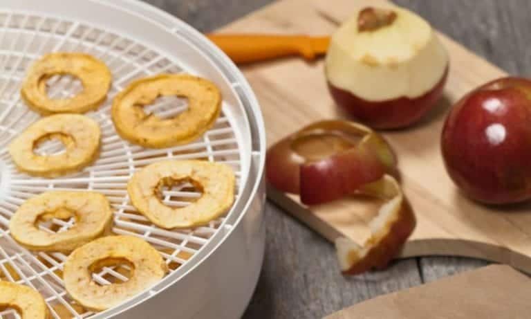 sliced dehydrated chips on dehydrator tray next to red apple with knife on wood board