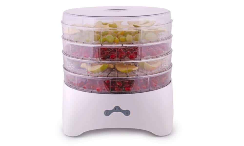 transparent food dehydrator with green grapes, pears, cherries on trays