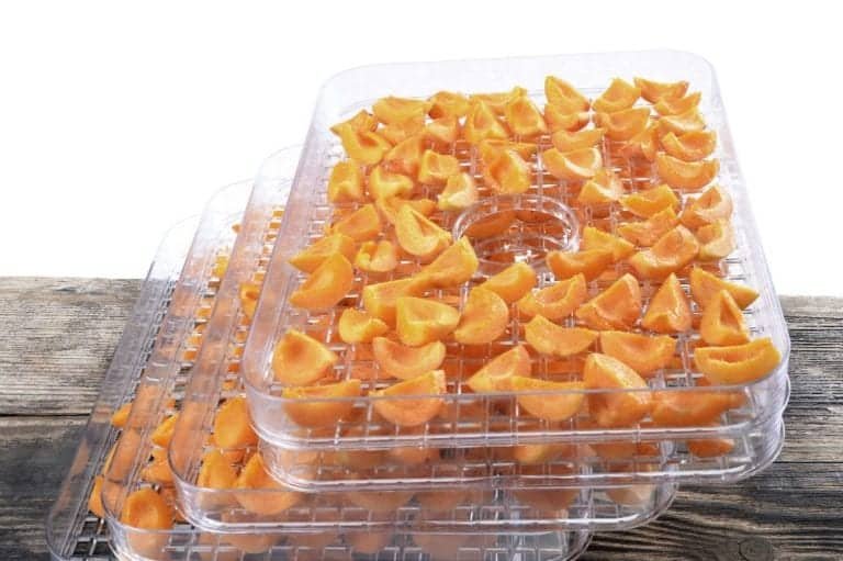 sliced peaches stacked on rectangle dehydrator trays on a wooden table