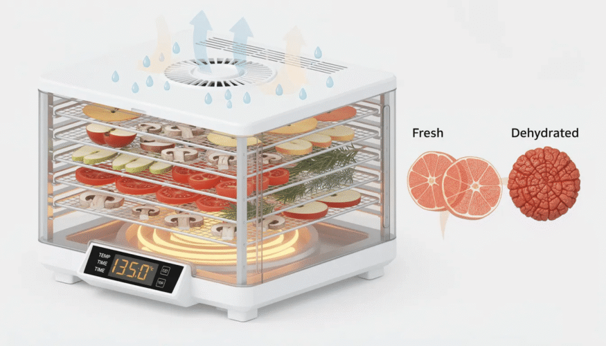 The image illustrates how a food dehydrator works, showcasing multiple trays filled with fruits and vegetables arranged in a single layer for even drying. This energy-efficient kitchen appliance uses low temperature and good airflow to dehydrate food over several hours, making healthy snacks like fruit leather and jerky while preserving nutrients and flavor.
