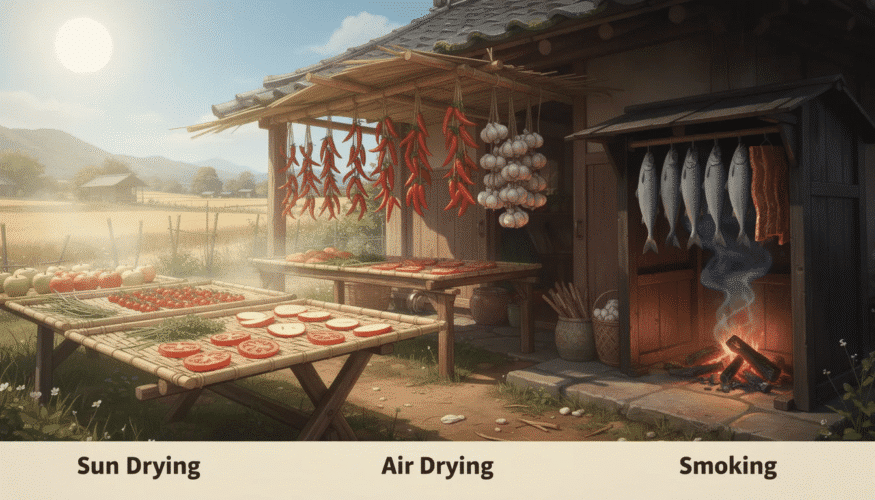 The image showcases various traditional methods of food dehydration, highlighting a dedicated food dehydrator with multiple trays filled with fruits, vegetables, and jerky, emphasizing energy-efficient techniques for making healthy snacks. In the background, a convection oven can be seen with the oven door slightly ajar, indicating an alternative method for dehydrating food at low temperatures.