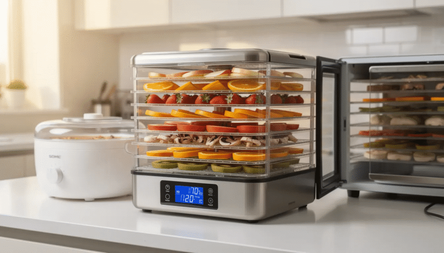 The image showcases a nesco gardenmaster food dehydrator, featuring multiple BPA-free trays for drying various foods such as fruits, vegetables, and homemade jerky. It highlights the digital temperature control and even heat distribution, ensuring efficient drying power and optimal results for your favorite snacks.