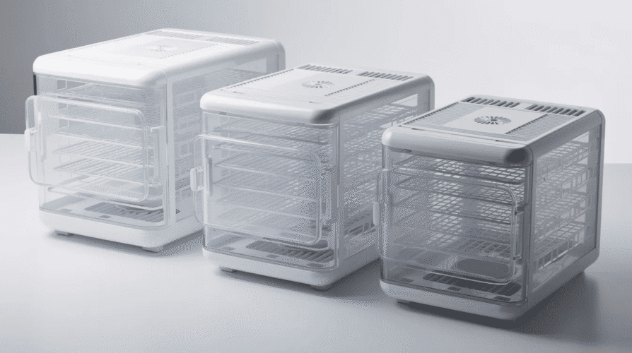 The image features a compact plastic square food dehydrator with multiple stainless steel trays stacked inside, ideal for making homemade beef jerky and dehydrated fruits like apple chips. This electric food dehydrator showcases a user-friendly design with temperature controls for optimal food preservation and a drying capacity that accommodates various foods.