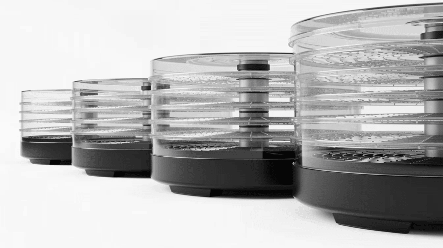 The image features a circular food dehydrator with a transparent top and a black plastic base, showcasing its stainless steel trays inside. This electric food dehydrator is ideal for making dehydrated foods like beef jerky and fruit leather, offering efficient food preservation with adjustable temperature settings.
