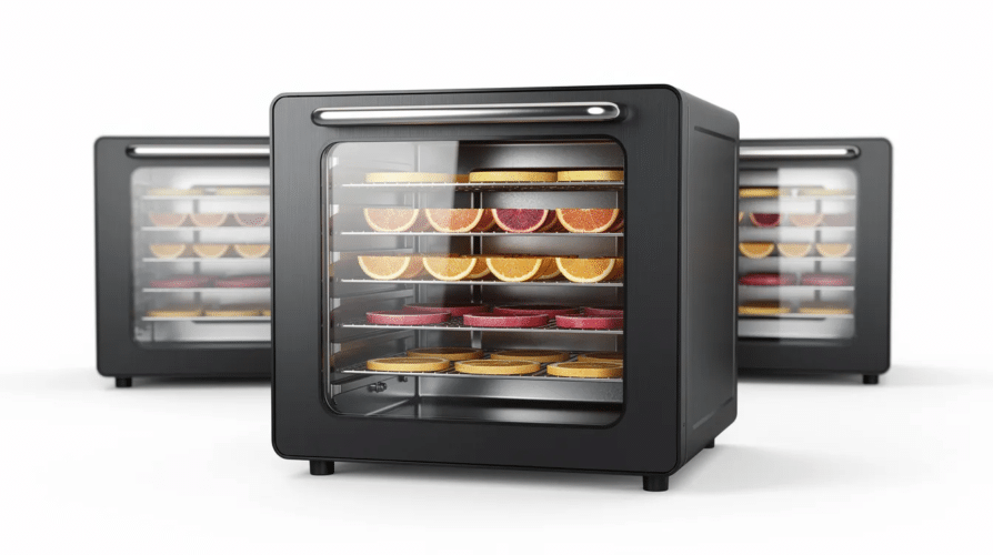 The image features a sleek black steel food dehydrator with five stainless steel trays, designed for efficient food preservation. This electric food dehydrator is ideal for making homemade beef jerky, dehydrated fruits, and healthy snacks, showcasing its modern design and high capacity for drying various foods.