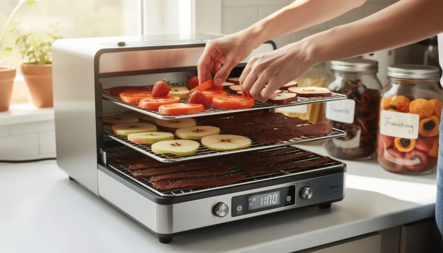 An image of a food dehydrator in a kitchen setting shows multiple trays filled with slices of fruits and vegetables, ready for dehydrating. The appliance is designed for energy-efficient drying, allowing for healthy snacks like fruit leather and jerky to be made at low temperatures over several hours, ensuring good airflow and even drying.
