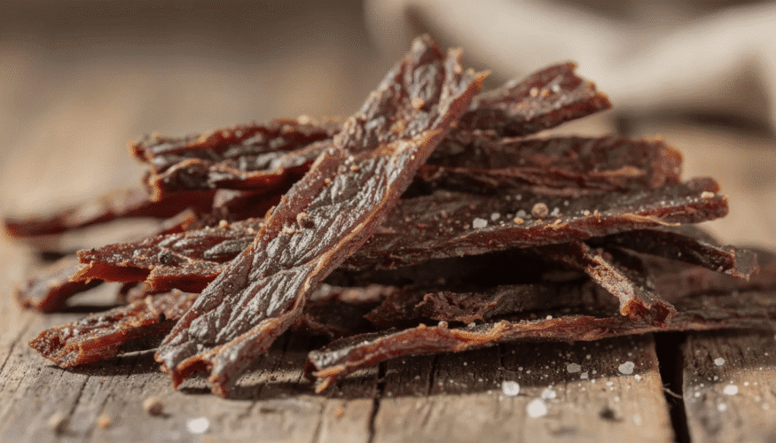 The image depicts a selection of homemade beef jerky, showcasing various textures and colors, all prepared using a food dehydrator with stainless steel trays. The jerky highlights the effective dehydration process that retains precious nutrients, achieved through precise temperature control and even airflow for optimal results.