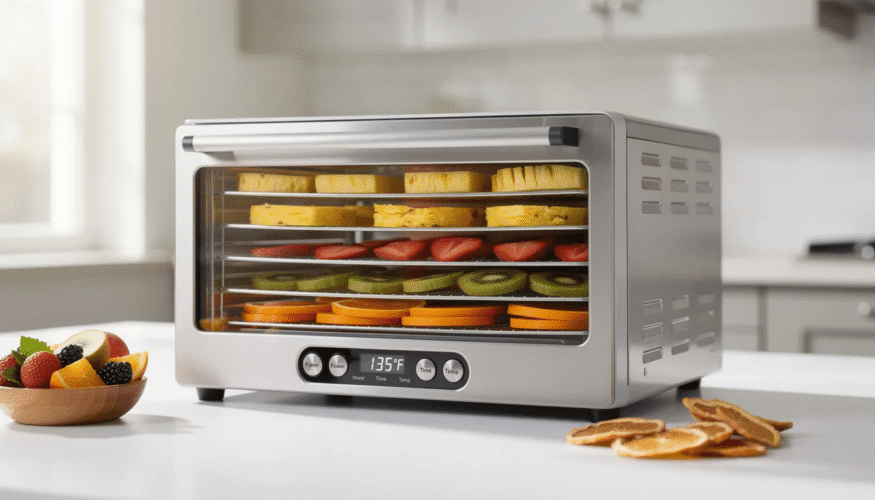 The image features a sleek, compact food dehydrator with stainless steel trays, showcasing its digital display and glass hinged door. This full-featured dehydrator is designed for rapid dehydration of fruits, vegetables, and meats, ensuring even airflow and precision dehydration for the best results.