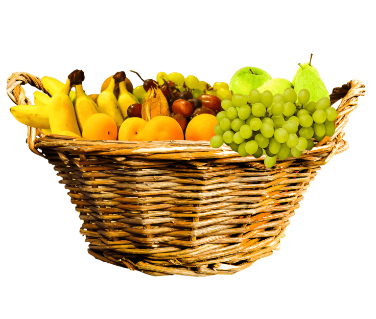 a wooden basket full of peaches, bananas, green grapes, red grapes, green apple and pears