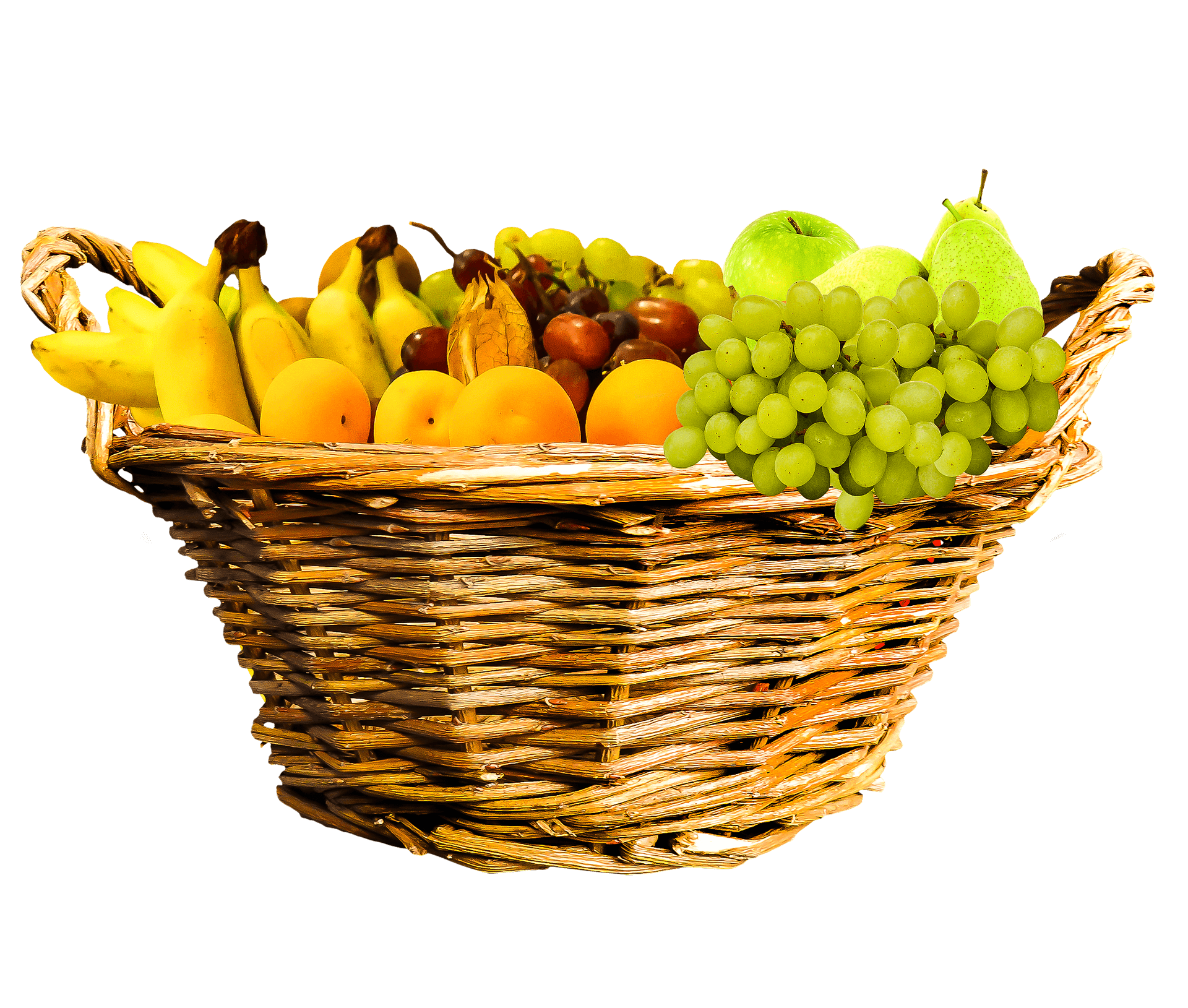 a wooden basket full of peaches, bananas, green grapes, red grapes, green apple and pears