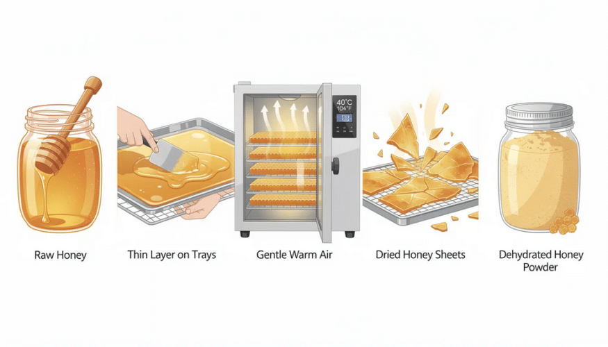The image illustrates the process of dehydrating honey, showcasing liquid honey being spread in a thin layer on parchment paper within a honey dehydrator. The final product is expected to transform into honey powder, characterized by small crystals and a fine powder texture, enhancing its shelf life and versatility in recipes.
