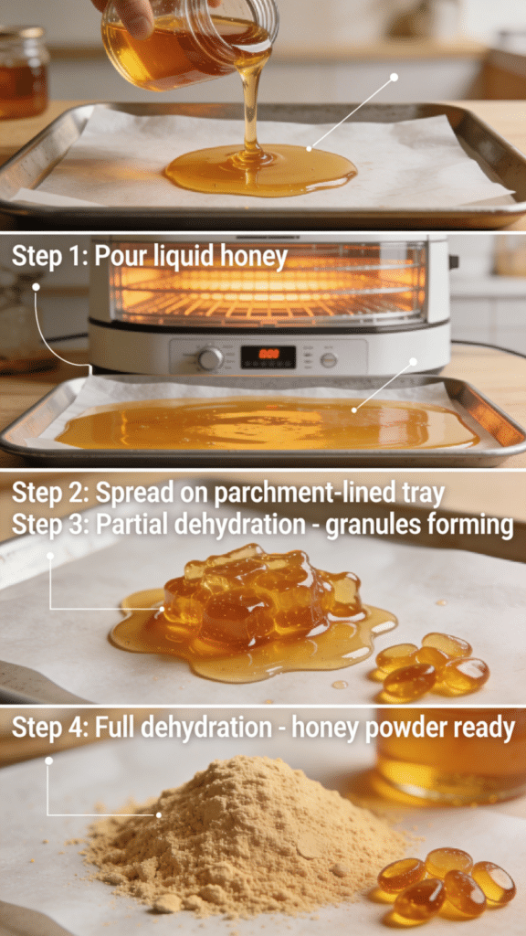 The image depicts a step-by-step guide on honey dehydration, showcasing liquid honey being poured onto a tray lined with parchment paper, ready for the dehydration process. Various forms of honey, including honey powder and honey granules, are illustrated to highlight the transformation from sticky liquid to fine powder, emphasizing the importance of controlling moisture content for optimal results.