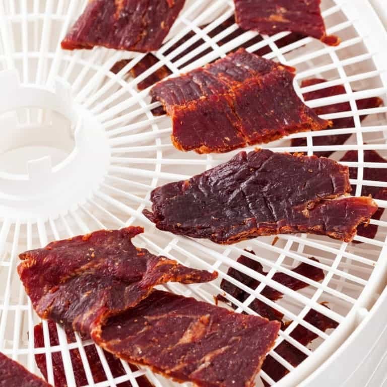 slices of dried jerky on a food dehydrator tray with more dried jerky on the bottom