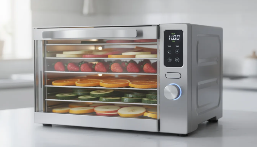 The image features a food dehydrator with multiple trays filled with sliced fruits and vegetables, showcasing the drying process for healthy snacks like banana chips and vegetable chips. This kitchen appliance is designed to dehydrate food by circulating warm air, enhancing shelf life while providing a healthier alternative to traditional fried foods.