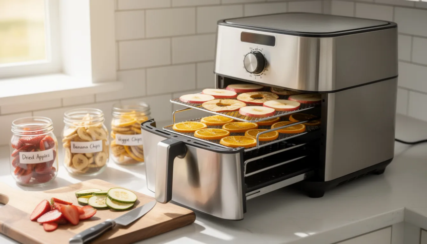 The image shows an air fryer with an air fryer basket filled with sliced vegetables and fruits, illustrating the process of dehydrating food using hot air. This method creates healthy snacks like vegetable chips and banana chips, making it a popular choice for those interested in raw food diets.