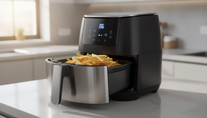 An air fryer is a versatile kitchen appliance that uses hot air to cook food, allowing for healthier snacks and meals with less oil, such as vegetable chips and chicken wings. Many air fryers also have a dehydrator function, enabling users to dehydrate fruits, vegetables, and even homemade jerky, making it suitable for raw food diets.