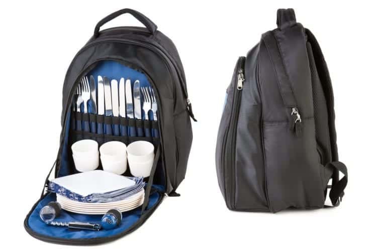 backpack for camping with a set of reusable dishes on a white background