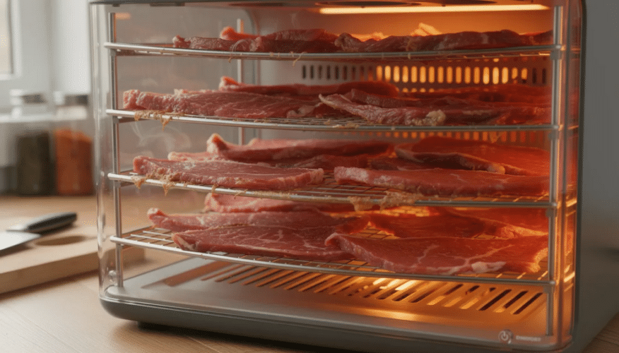 The image depicts various strips of homemade beef jerky laid out on drying racks, showcasing the dehydrating process of meat. The jerky is seasoned with a dry rub, highlighting its chewy texture and rich flavor, ready for long-term storage.