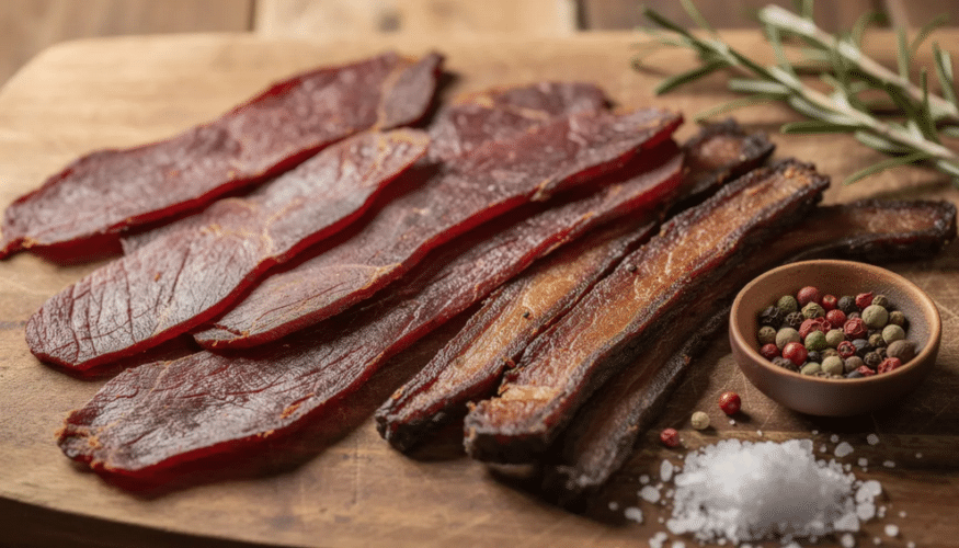The image shows an assortment of dried meat, including homemade beef jerky and meat strips, displayed on a wooden surface. The jerky exhibits a chewy texture and rich color, showcasing the drying process that enhances its flavor and shelf life, making it a popular snack option.