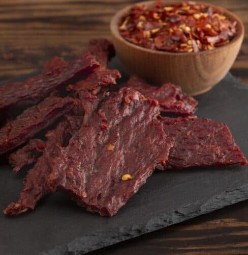 A Pile Hot and Spicy Beef Jerky