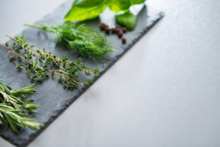Fresh sprigs of rosemary, thyme, dill, and basil are arranged on a slate stone platter