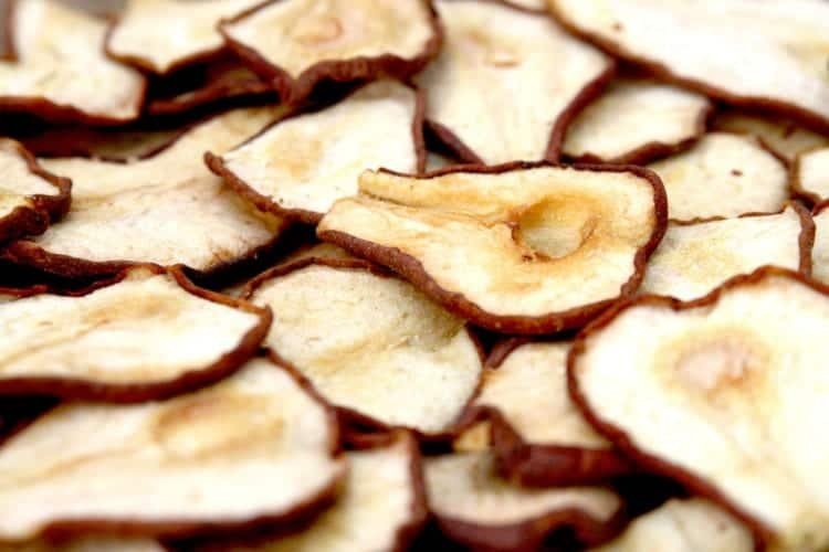 closeup of stacked sliced dehydrated pears