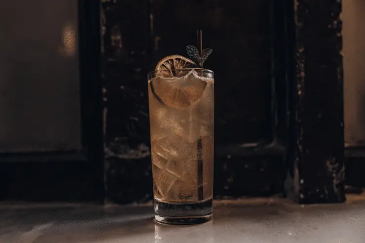 A photo with a focus on a glass drink container with a garnish of an lemon slice and a sprig of mint, presented against a warm, dimly lit backdrop.