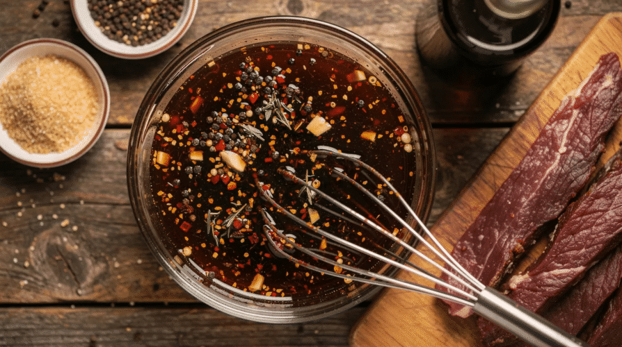 The image shows a variety of marinade ingredients for making homemade beef jerky, including soy sauce, brown sugar, garlic powder, and Worcestershire sauce, arranged neatly in small bowls. There are also thin strips of raw beef, ready to be marinated, highlighting the process of creating delicious jerky at home.