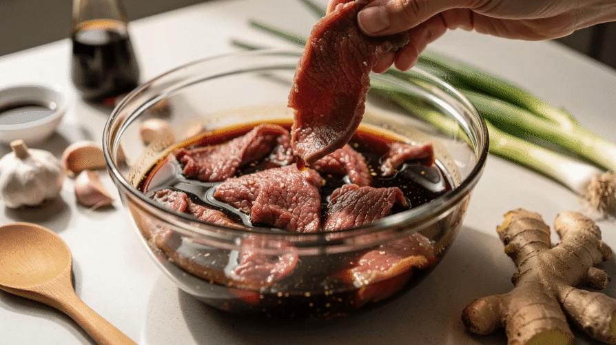 The image shows sliced beef being added to a marinade, with the pieces fully submerged in a mixture that likely includes soy sauce, brown sugar, and spices, essential for making delicious homemade beef jerky. This step is crucial for marinating meat before dehydrating it into jerky strips.