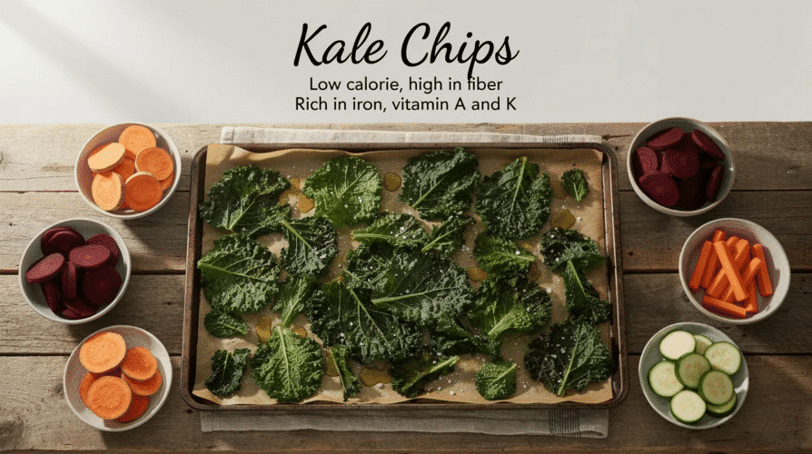 The image showcases a bowl of crispy kale chips, a healthy and delicious snack that highlights the vibrant green color of the kale. These chips are a perfect alternative to traditional potato chips, offering a nutritious option that is low in calories and packed with vitamins.