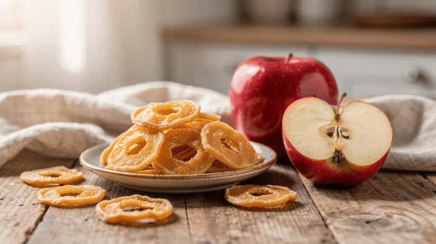 The image features a bowl filled with dried apple rings, showcasing their crispy and chewy texture, perfect for healthy snacking. These delicious snacks highlight the sweet flavor of apples, making them an ideal choice for on-the-go munching or as a part of a trail mix.
