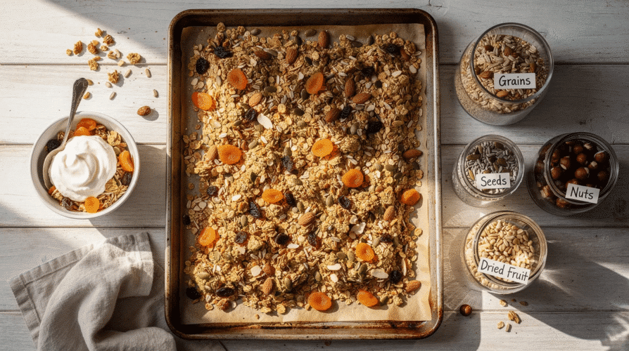 The image showcases a bowl of homemade granola filled with a mix of grains, seeds, nuts, and colorful dried fruits like sultanas and apricots, highlighting a healthy and delicious snack option. This nutritious blend is perfect for a wholesome breakfast or as an on-the-go snack, emphasizing the benefits of making your own healthy snacks at home.