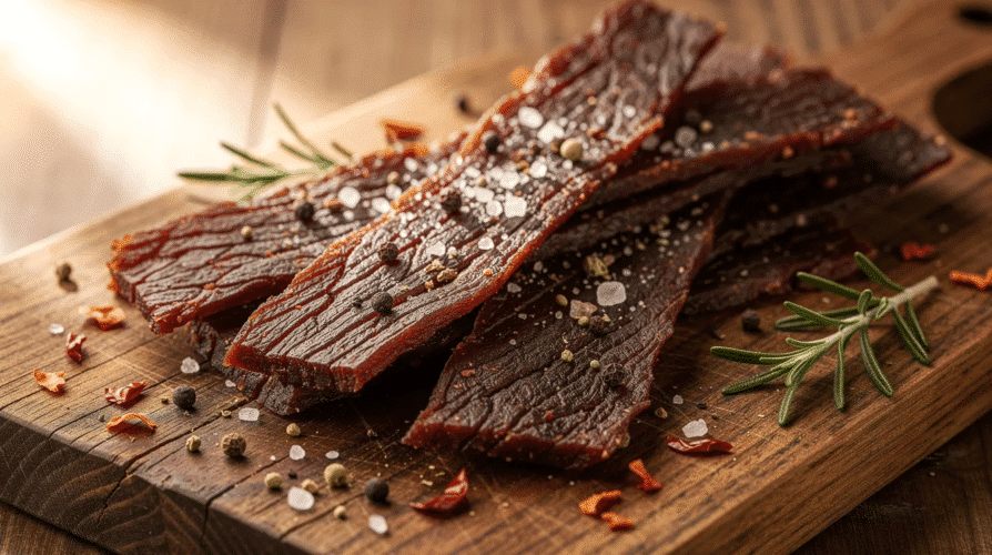 The image showcases a selection of freshly made homemade beef jerky, featuring various flavors such as teriyaki and peppered beef jerky. The jerky strips are arranged neatly on a wooden platter, highlighting the delicious, chewy texture and rich colors of the marinated beef, ideal for anyone looking to try beef jerky recipes or make their own jerky at home.