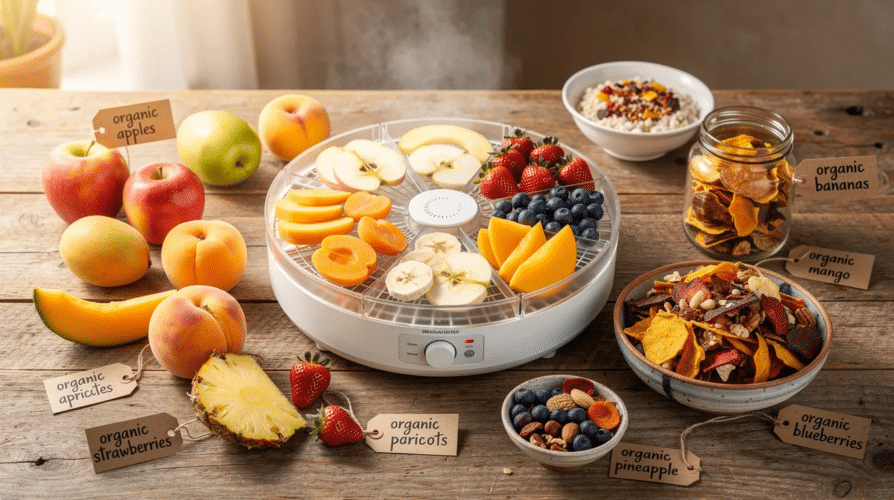 The image shows a variety of fresh fruits suitable for dehydrating, including apples, bananas, mangoes, and strawberries, arranged on a wooden table. These fruits, when dehydrated, can be enjoyed as nutritious snacks or used in recipes like fruit leather, offering unique flavors and textures that are healthier than store-bought options.