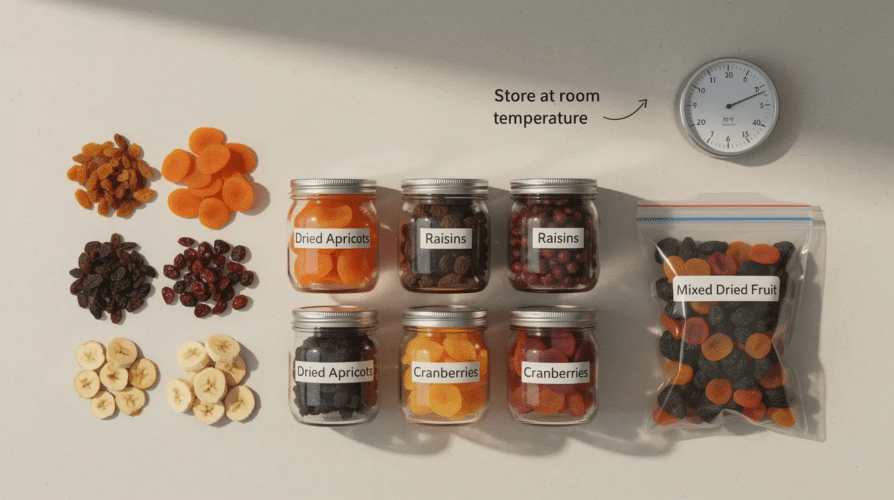 The image shows various dried fruits, including apples, peaches, and strawberries, neatly packed in resealable bags and glass jars, ready for long-term storage. This method helps maintain their delicious flavor and nutritious vitamin content while ensuring proper air circulation to prevent mold.