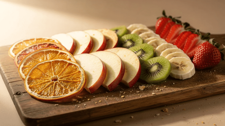 The image showcases an assortment of colorful dehydrated fruits, including apples, peaches, and strawberries, neatly arranged on trays of a food dehydrator. These thin slices of fruit, dried to a crunchy texture, are ready for storage in a plastic container, highlighting the nutritious and delicious qualities of dehydrated snacks.