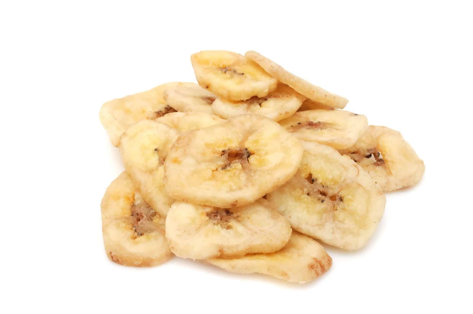 stacked dehydrated banana chips on a white background