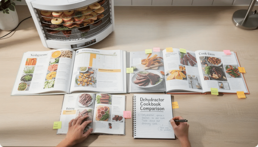 The image illustrates a comparison of various dehydrator cookbooks, showcasing their covers and a few open pages featuring delicious dehydrated foods recipes like fruit leathers and mixed vegetable bread. Each cookbook offers unique guidance on food dehydration techniques, including tips for preserving seasonal crops and creating protein-packed camping snacks.