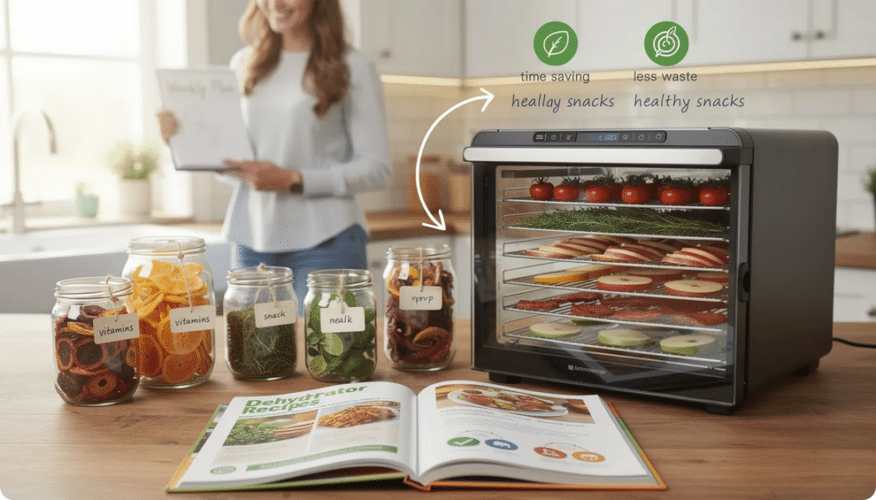 The image showcases a variety of dehydrated foods, including colorful fruits, vegetables, and snacks like fruit leathers and mixed vegetable bread, all laid out in an inviting manner. This visual emphasizes the benefits of using a complete dehydrator cookbook for food preservation and creating deliciously healthy recipes.