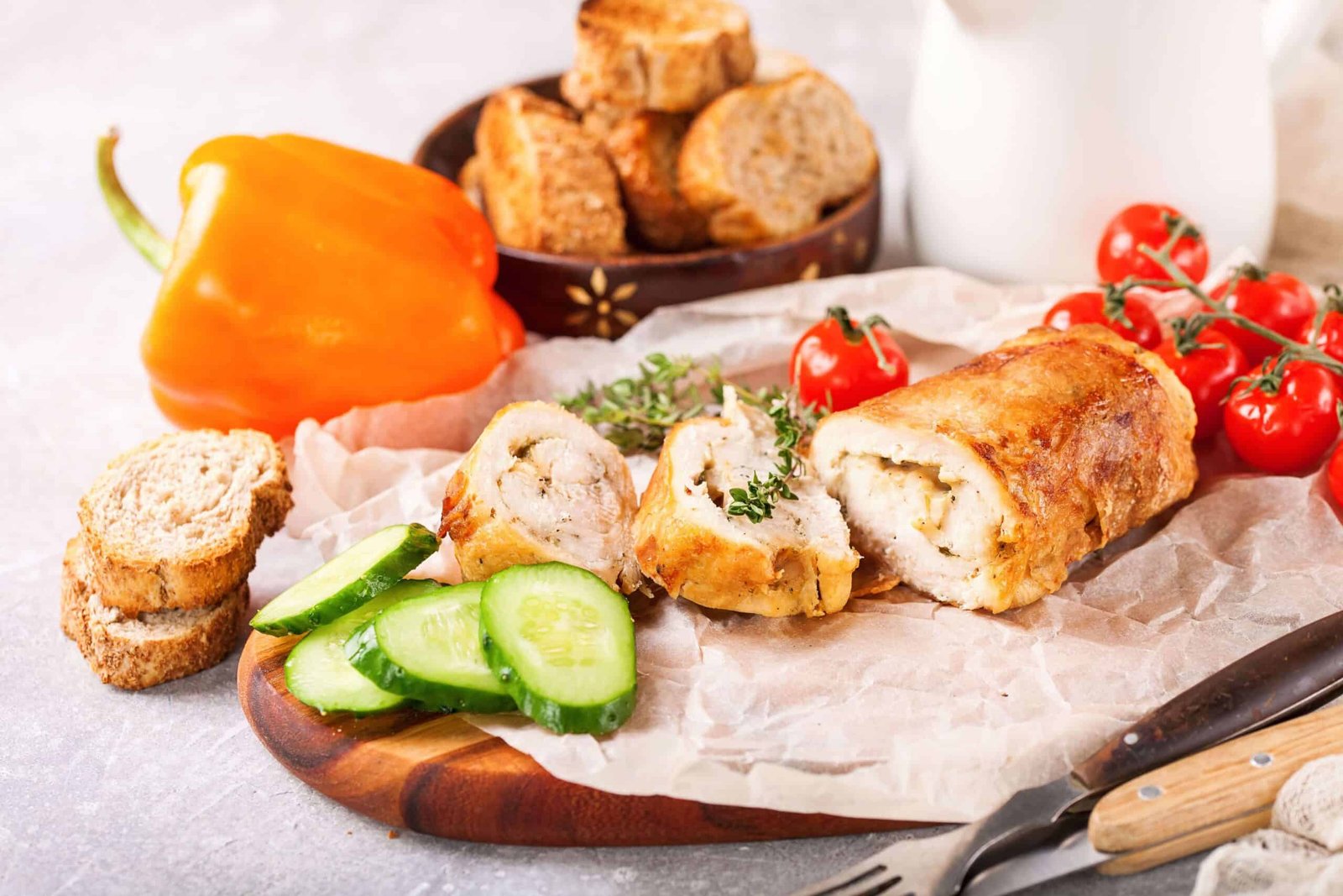 chicken roll-up on wood, orange pepper, tomatoes and sliced bread in wooden plate with white background