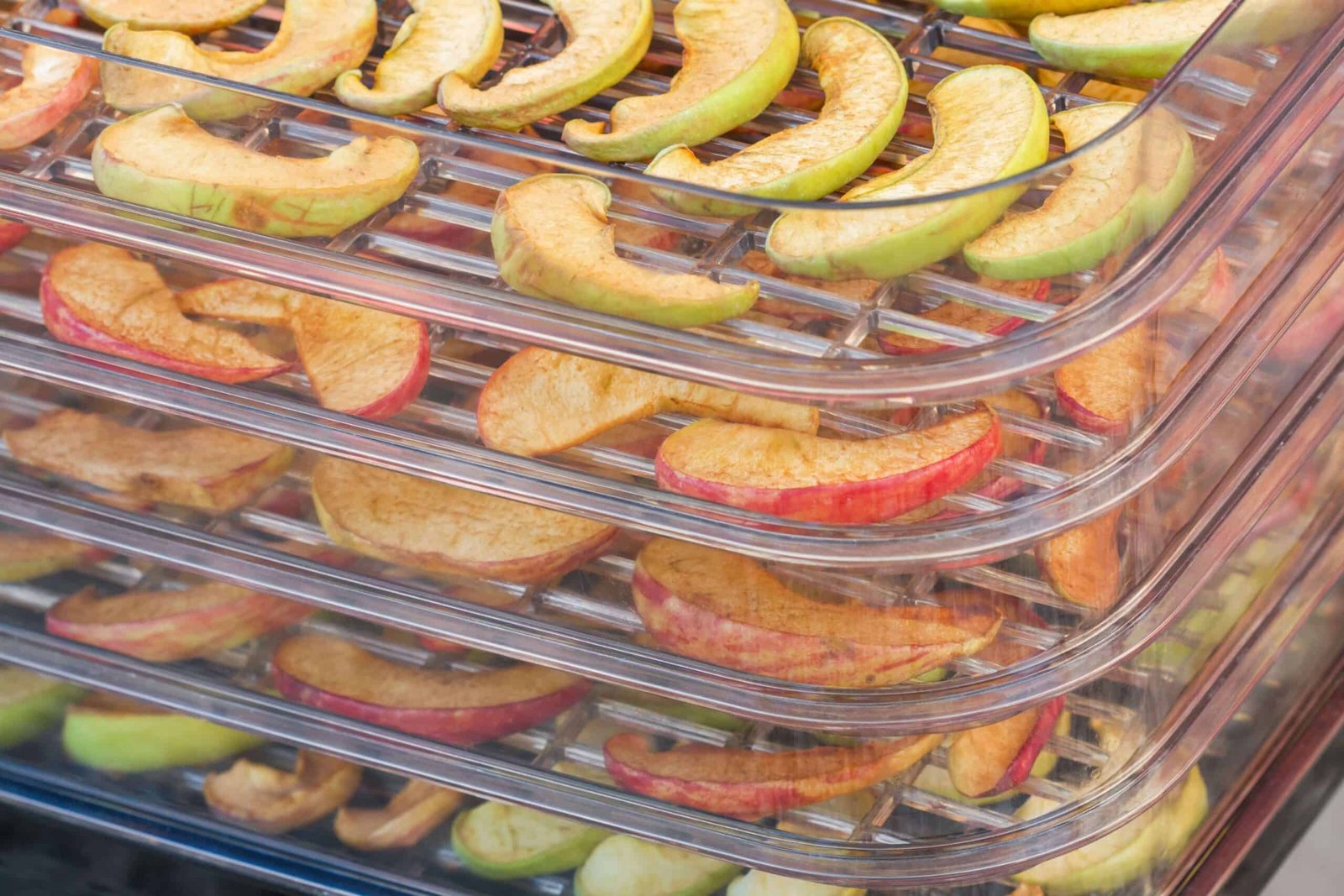 sliced finished dehydrated apples stacked in plastic trays