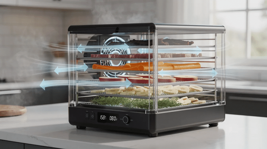 The image showcases a modern food dehydrator featuring a sleek design with six trays, highlighting its unique airflow circulation technology for even drying. The digital display indicates temperature control settings, allowing users to easily prepare a variety of snacks, from beef jerky to dried fruits, with a simple timer setup for convenience.