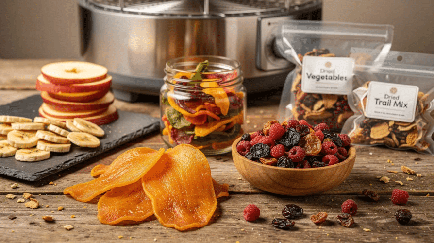 The image showcases an array of dehydrated foods, including vibrant pieces of fruit and savory beef jerky, all neatly arranged on a kitchen countertop beside a food dehydrator equipped with temperature control and a digital timer. This setup highlights the convenience of making healthy snacks at home, emphasizing the ease of access and preparation for a nutritious lifestyle.