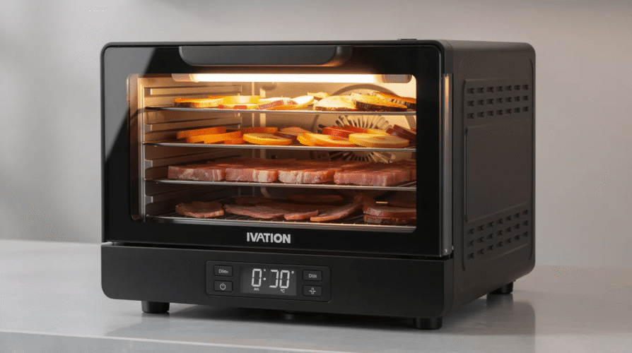 The image showcases the Ivation 6 Tray Electric Food Dehydrator, featuring a sleek black exterior and a clear door for easy monitoring of the dehydration process. Its compact design and durable construction, complete with removable racks and digital controls, make it a stylish and functional addition to any home kitchen, perfect for creating nutrient-rich snacks like beef jerky and dried fruit.