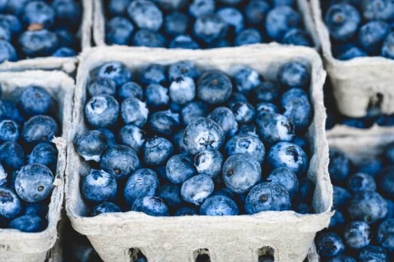 blueberries in cardboard baskets