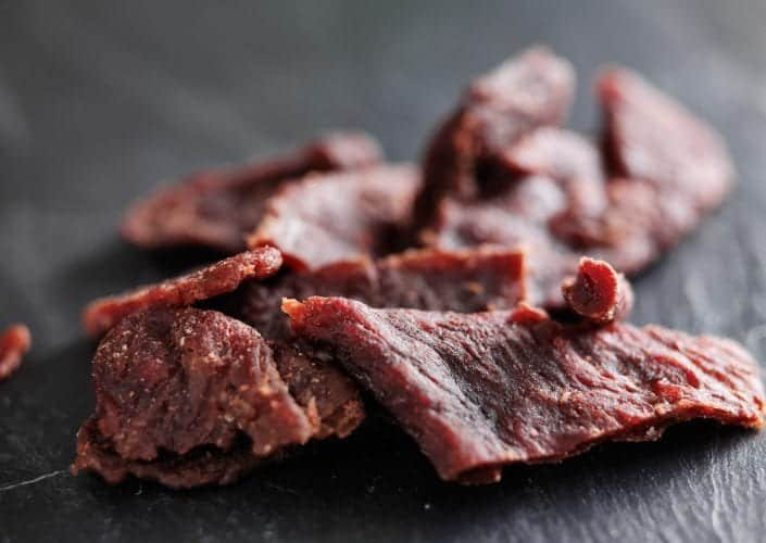 pile of beef jerky shot with selective focus