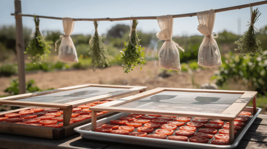 An outdoor scene shows trays of thinly sliced tomatoes and bunches of herbs covered with mesh to protect them from flies, set up in a sunny spot ideal for dehydrating food. This natural drying process utilizes sunlight and airflow to preserve the flavors and nutrients of the produce, making it a fantastic way to dehydrate fruits and vegetables without a food dehydrator.