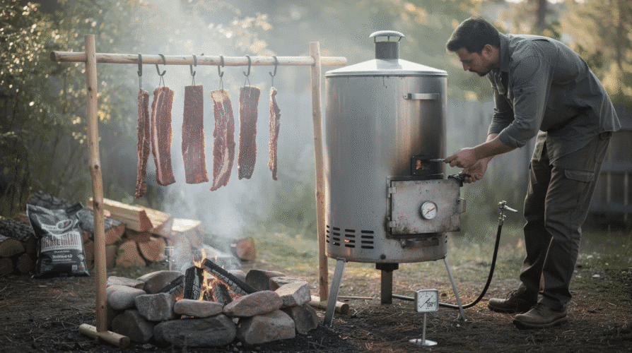 The image depicts a smoker set up for dehydrating food, with meat hanging above a charcoal grill, surrounded by smoke. This method is ideal for producing delicious jerky and requires careful temperature regulation around 150 degrees Fahrenheit during the drying process.