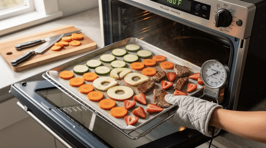 An image of a standard kitchen oven with a baking sheet inside, showcasing various sliced vegetables and fruits like apples, tomatoes, and zucchini, laid out for dehydrating. The oven is set to a low temperature to facilitate the drying process, highlighting a fantastic way to preserve food without a dehydrator.