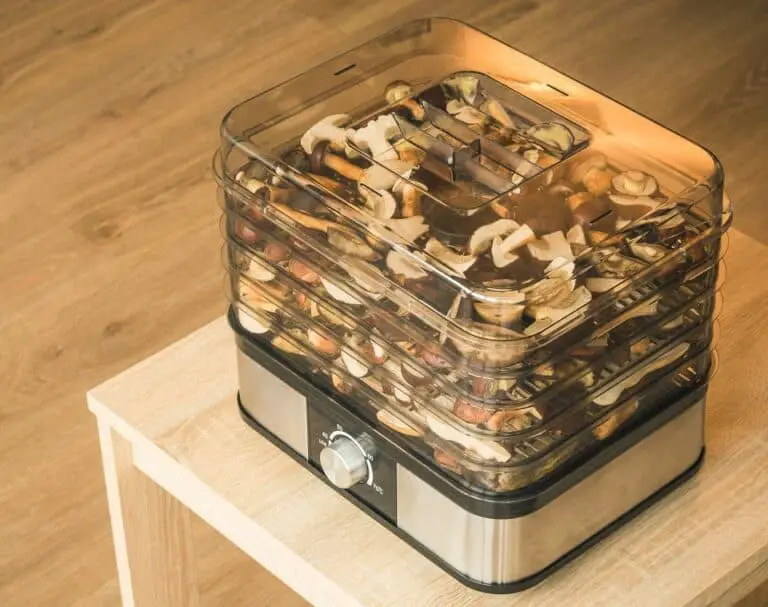mushrooms, apples dehydrated in a stacked food dehydrator